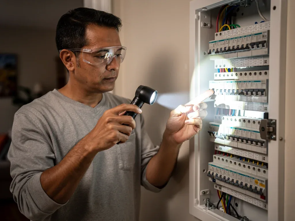 Person checking circuit breaker panel for electrical issues