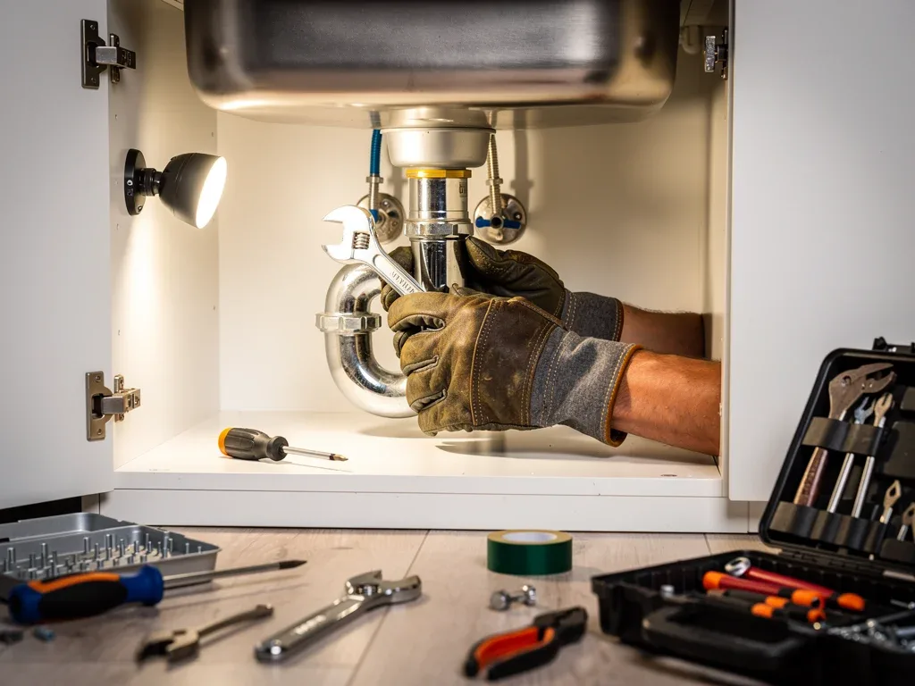 Person performing DIY plumbing repair on kitchen faucet