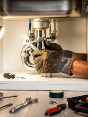 Person performing DIY plumbing repair on kitchen faucet