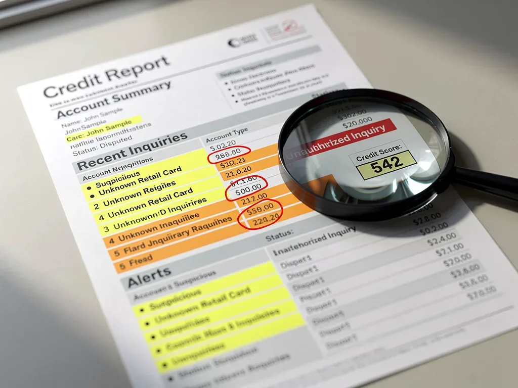 Magnifying glass scrutinizing a credit report for signs of identity theft and fraudulent activity.