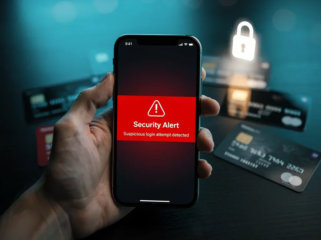 Digital shield protecting credit cards and personal data on a smartphone screen, symbolizing identity theft prevention.