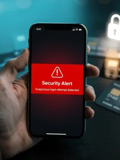 Digital shield protecting credit cards and personal data on a smartphone screen, symbolizing identity theft prevention.