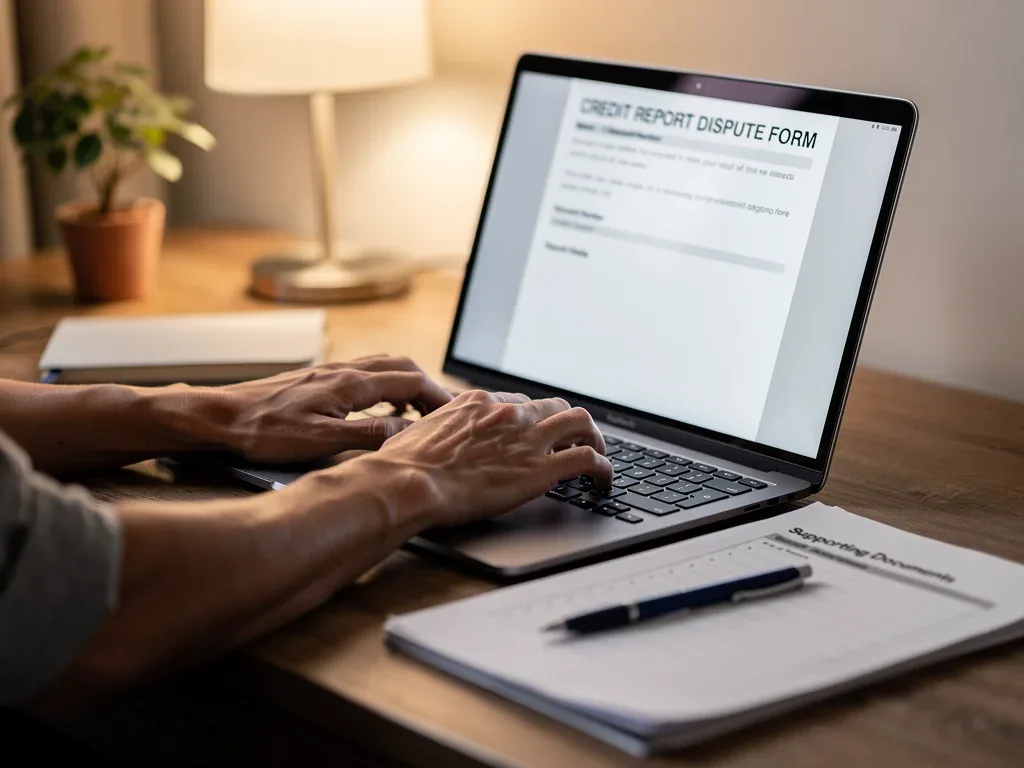 Hands typing a credit report dispute letter on a laptop
