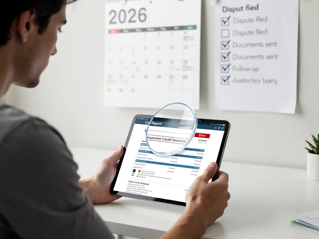 Person reviewing 2026 credit report for errors, magnifying glass over a disputed item