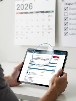 Person reviewing 2026 credit report for errors, magnifying glass over a disputed item