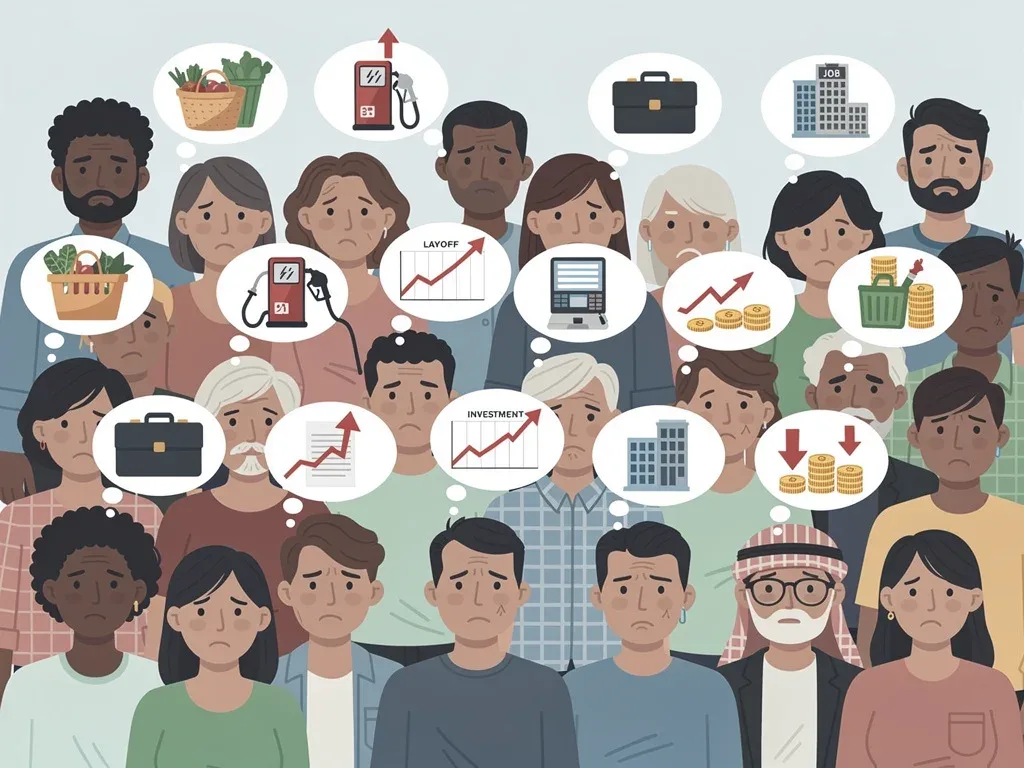 Diverse individuals expressing common financial concerns like inflation and job insecurity, illustrating broad consumer anxiety.
