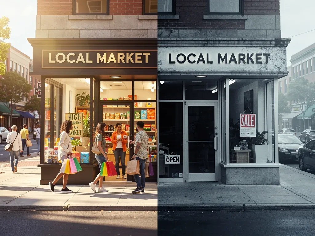 Contrasting images of thriving and struggling businesses, depicting the economic impact of varying consumer confidence levels.