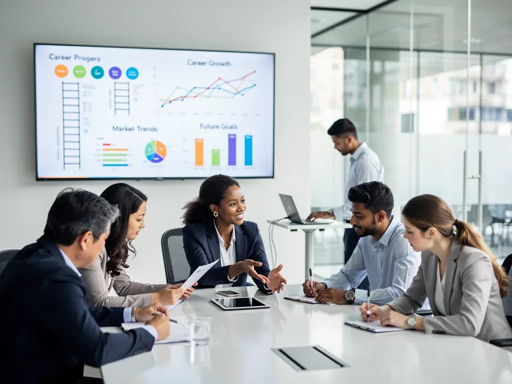 Diverse professionals collaborating, discussing career growth and market trends