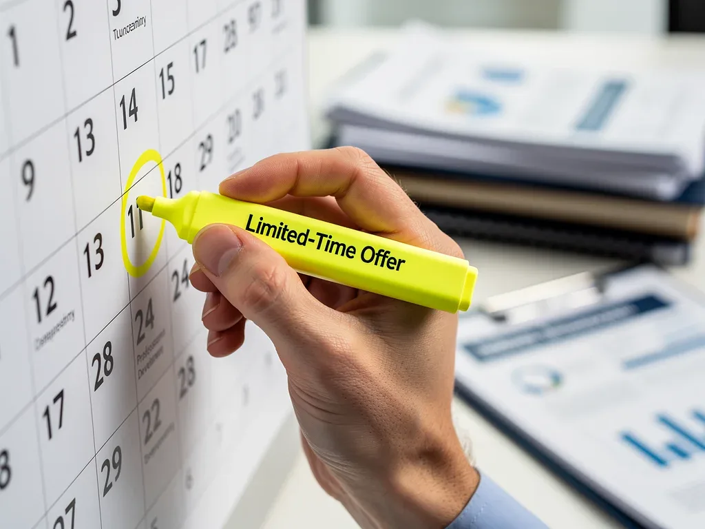 Hand highlighting a limited-time offer date on a calendar for certifications