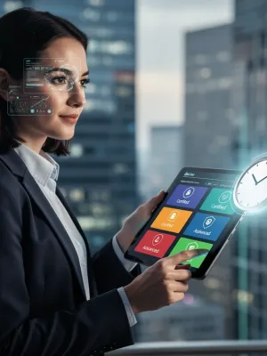 Professional reviewing digital certifications on a tablet with a subtle clock overlay