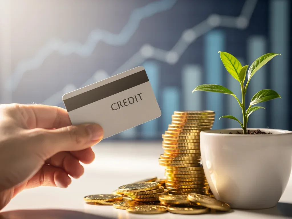 Hand holding credit card, coins, and plant, symbolizing financial growth and responsible credit management.