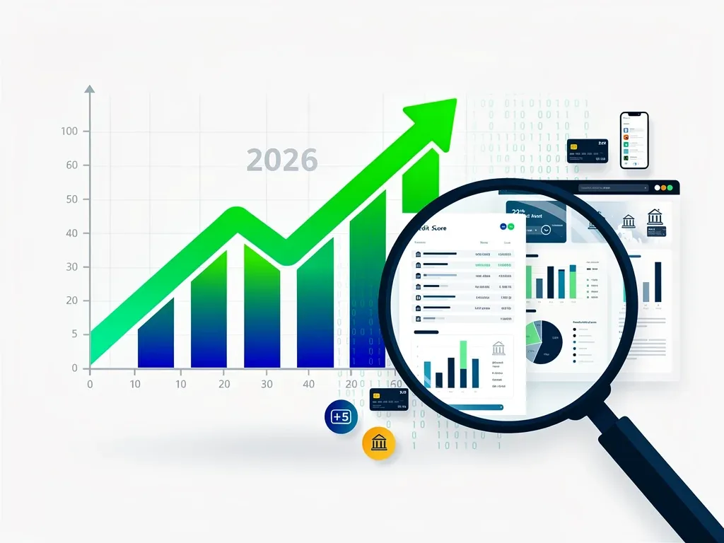 Credit score graph trending upwards with magnifying glass over financial data, symbolizing 2026 changes.