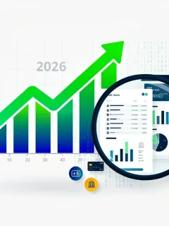 Credit score graph trending upwards with magnifying glass over financial data, symbolizing 2026 changes.