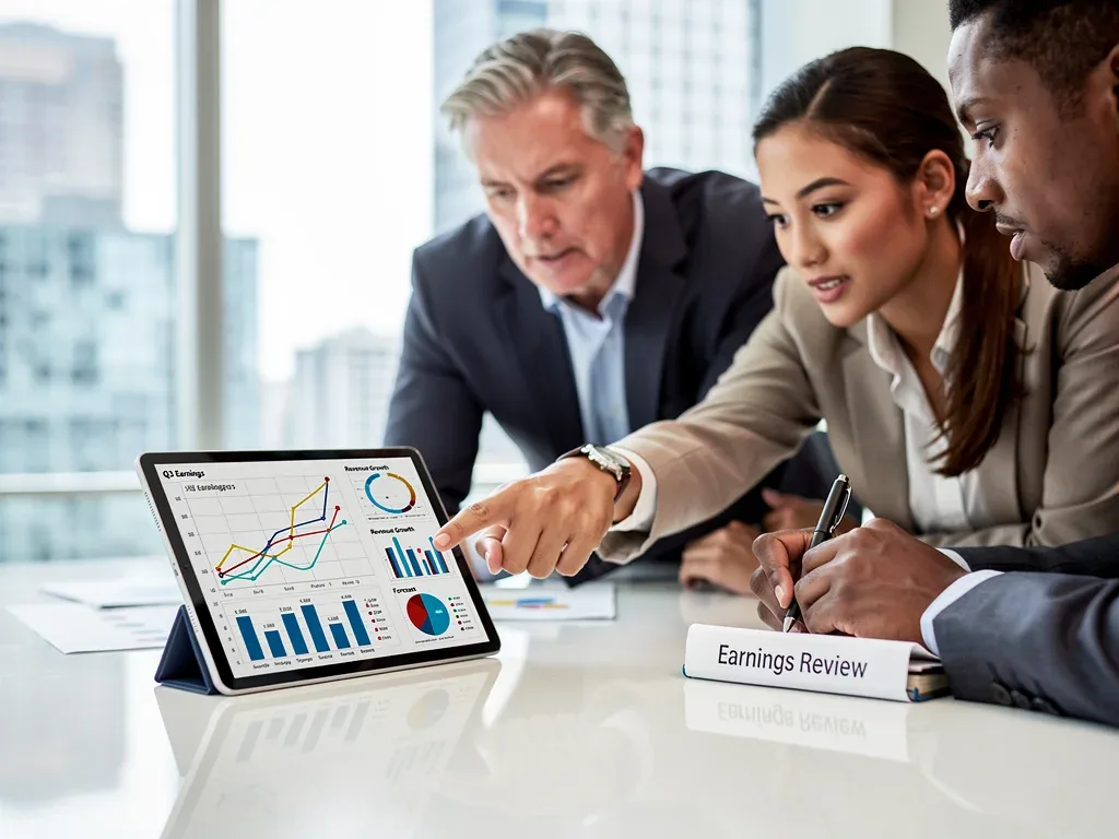 Business team analyzing Q2 2026 financial data and tech sector growth.