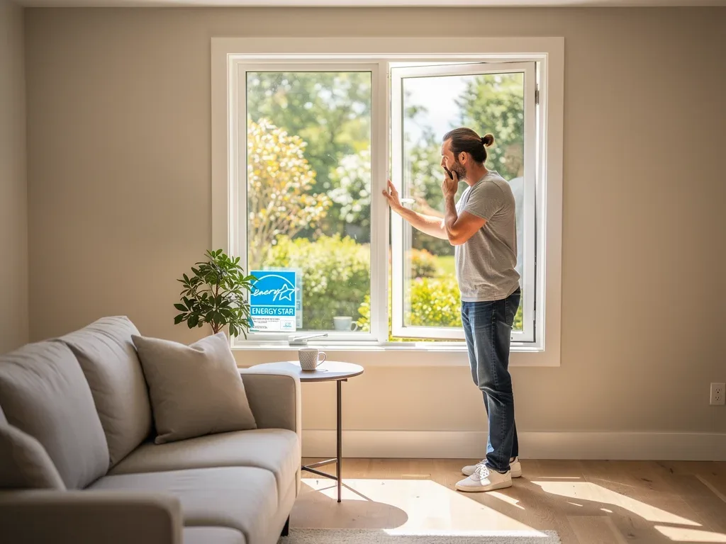 Homeowner inspecting a new energy-efficient window installation
