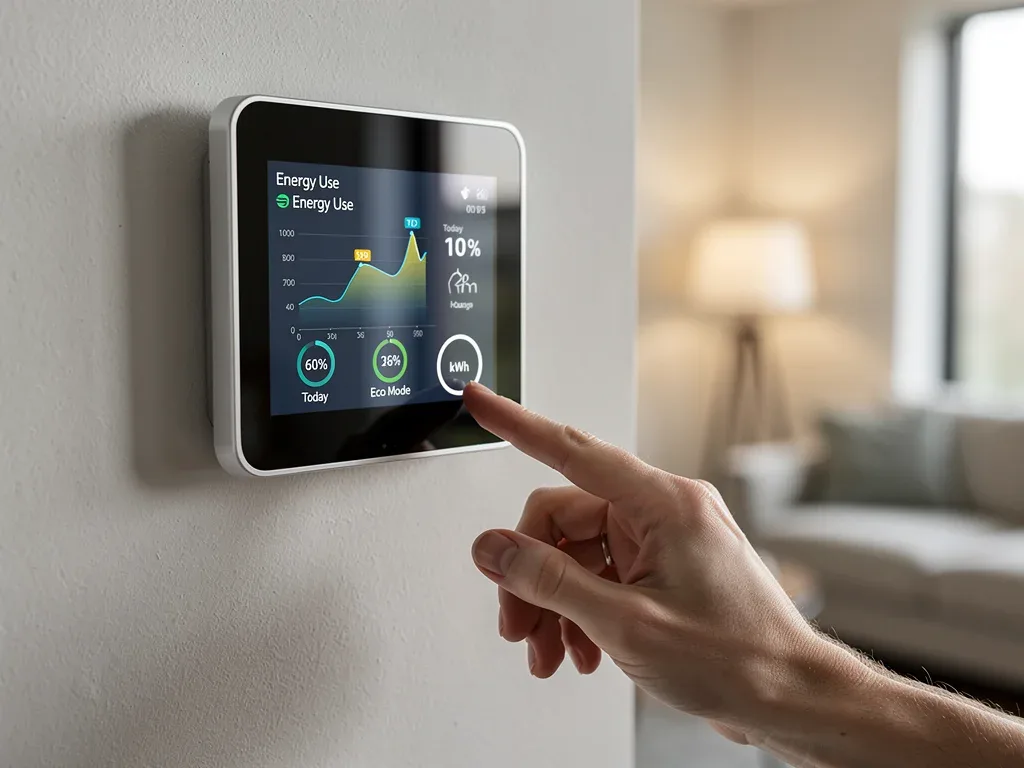 Close-up of a smart thermostat showing energy usage data