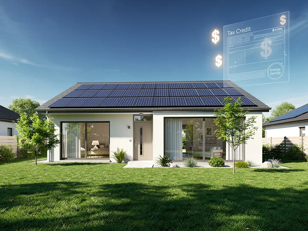 Modern home with solar panels, symbolizing energy efficiency and tax savings