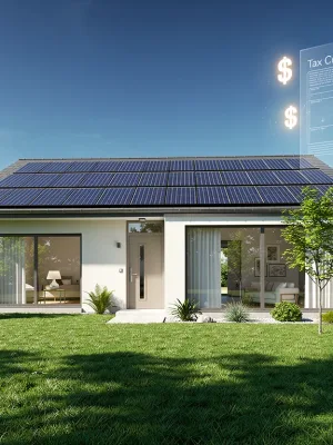 Modern home with solar panels, symbolizing energy efficiency and tax savings