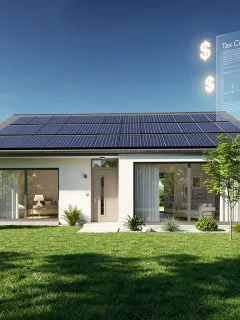 Modern home with solar panels, symbolizing energy efficiency and tax savings