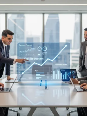 Professionals analyzing AI financial projections for training savings