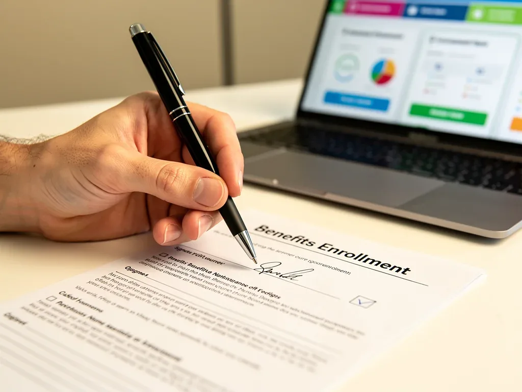 Hand signing benefits enrollment form on a laptop