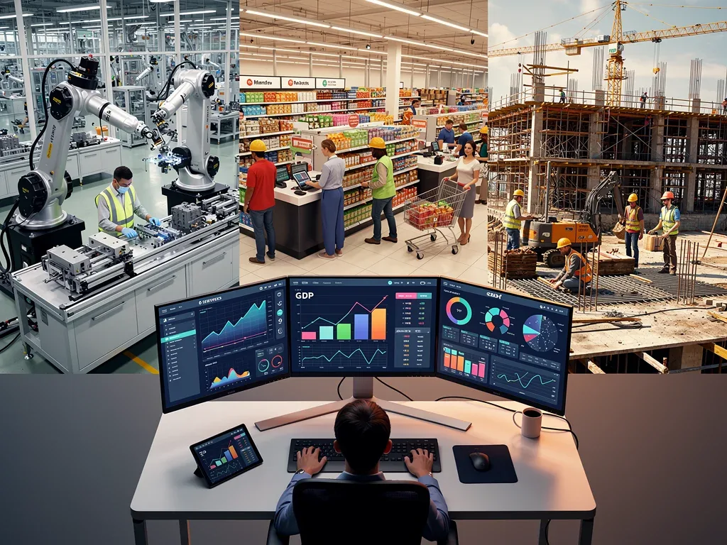 Diverse economic sectors contributing to GDP, including manufacturing, retail, construction, and digital services.