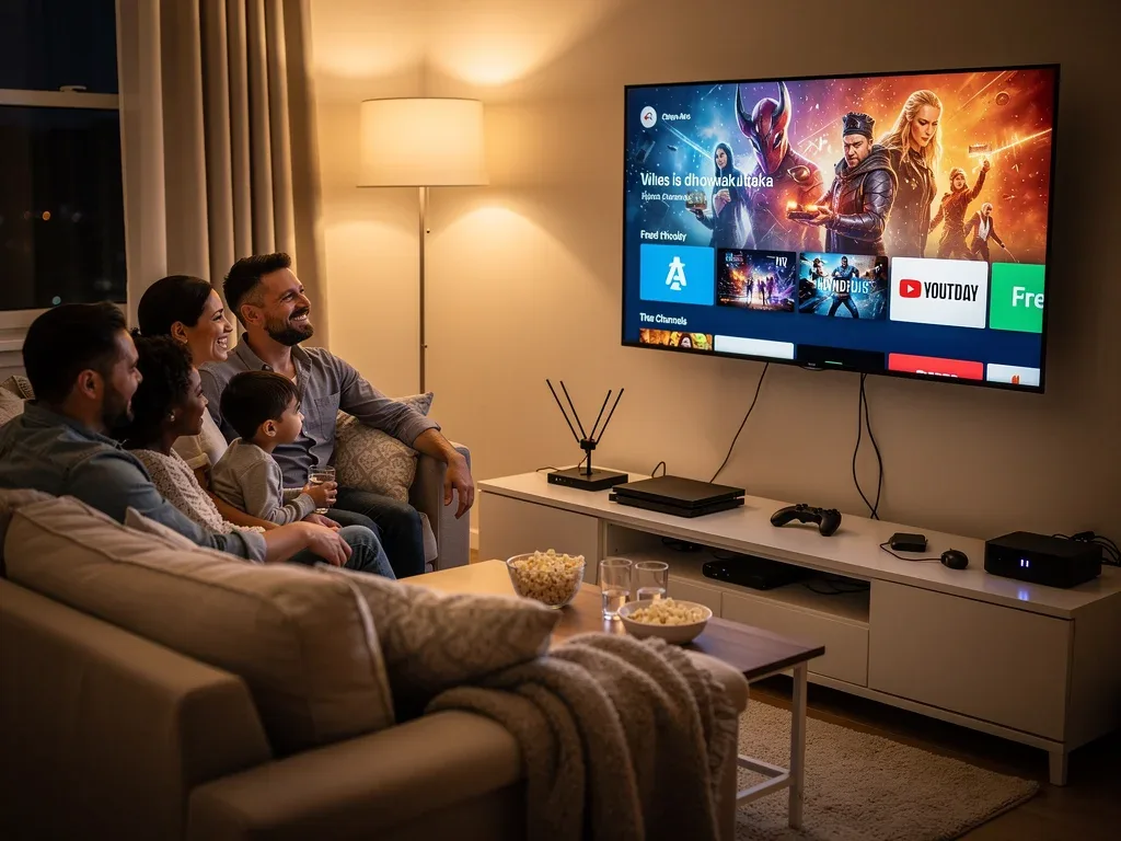Family watching TV with affordable entertainment, highlighting shared experiences and budget-friendly choices.