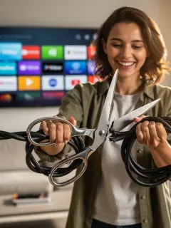 Person cutting a cable, symbolizing freedom from traditional TV and embracing modern streaming options.