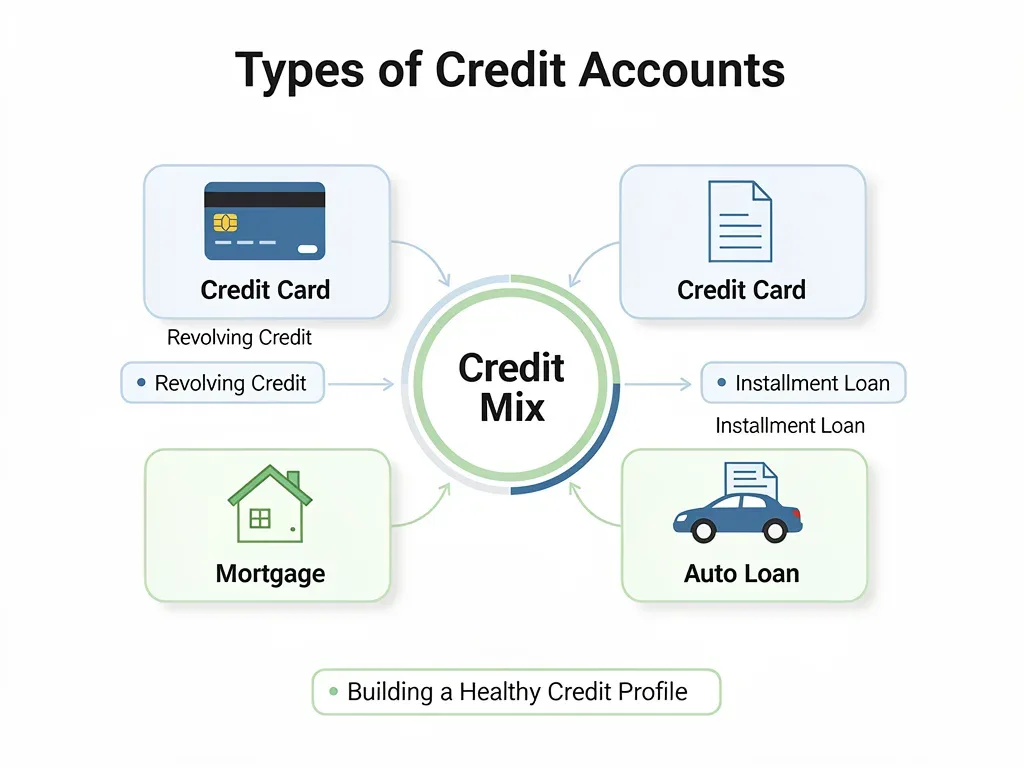 Infographic showing various credit account types contributing to a healthy credit mix
