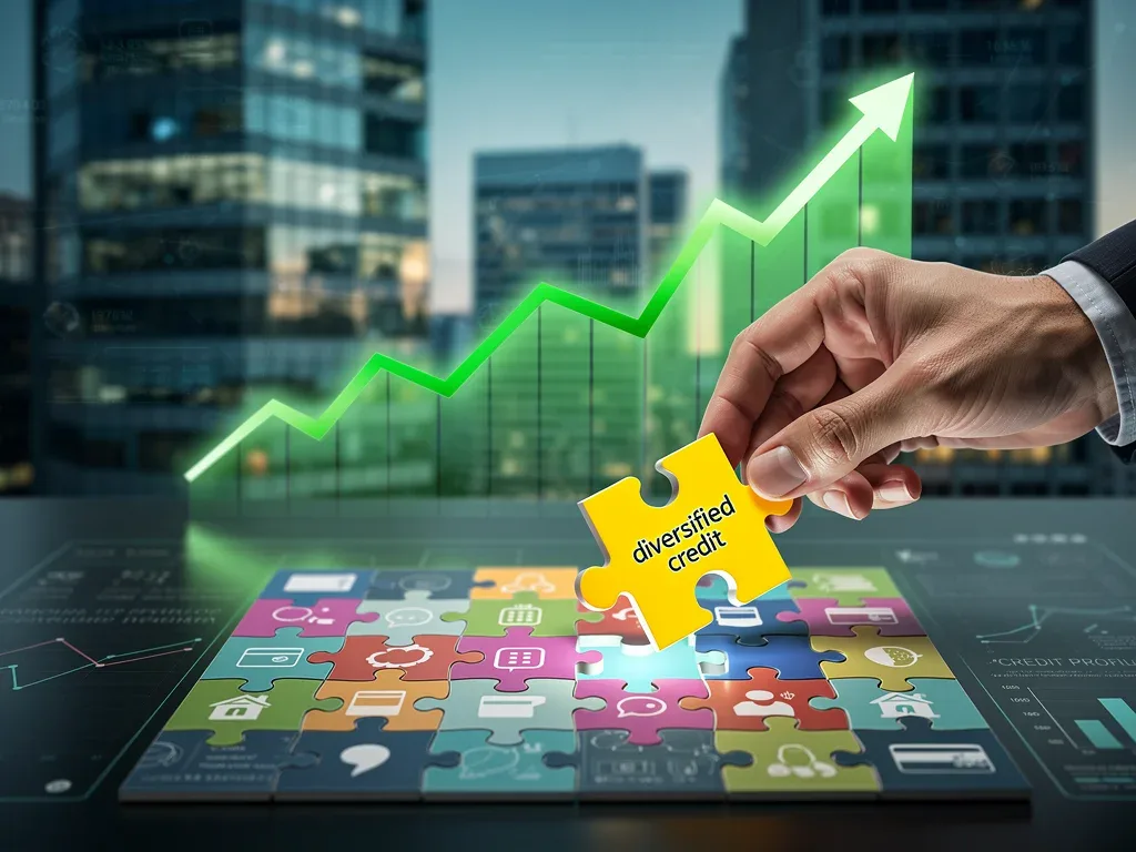 Credit score graph rising with a 'diversified credit' puzzle piece being added