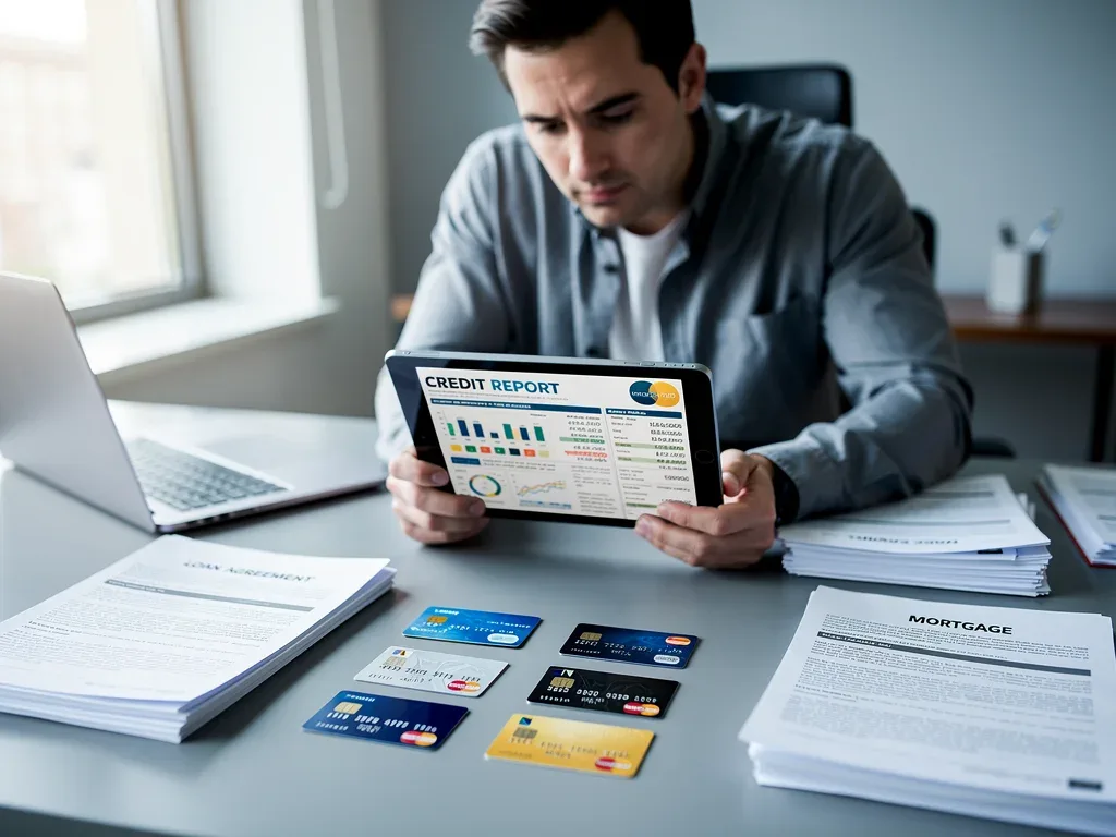 Person analyzing credit report on tablet with various credit cards and loan documents