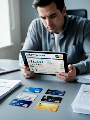 Person analyzing credit report on tablet with various credit cards and loan documents