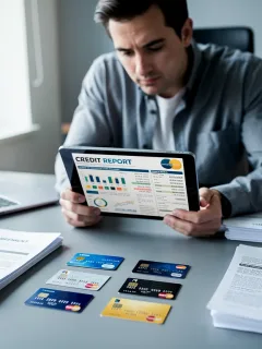 Person analyzing credit report on tablet with various credit cards and loan documents