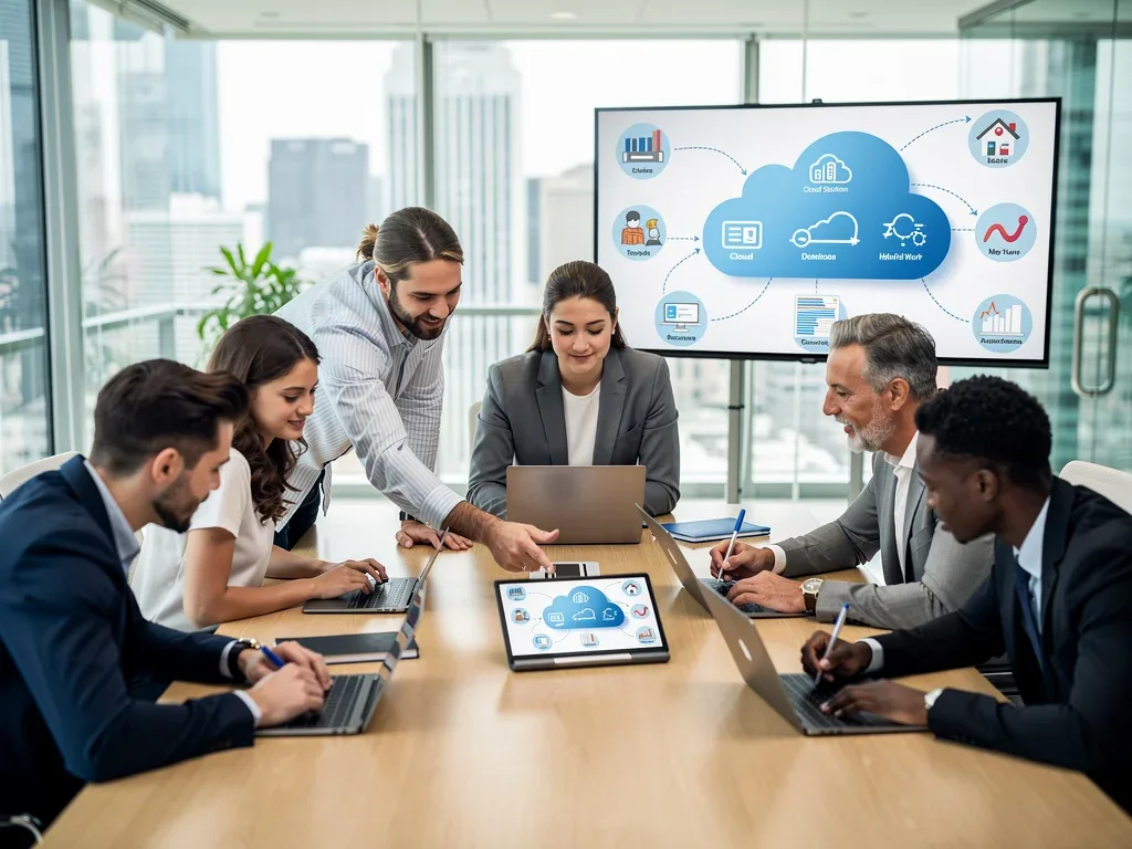 Team discussing strategic cloud and hybrid work tech solutions