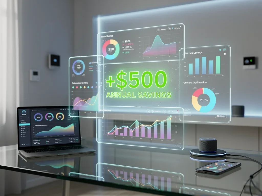 Financial dashboard showing $500 annual savings from optimized tech hardware