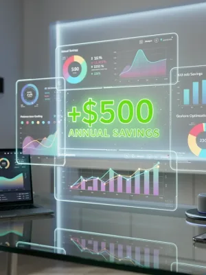 Financial dashboard showing $500 annual savings from optimized tech hardware