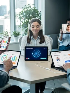 Employees using digital wellness platforms for health and well-being in an office