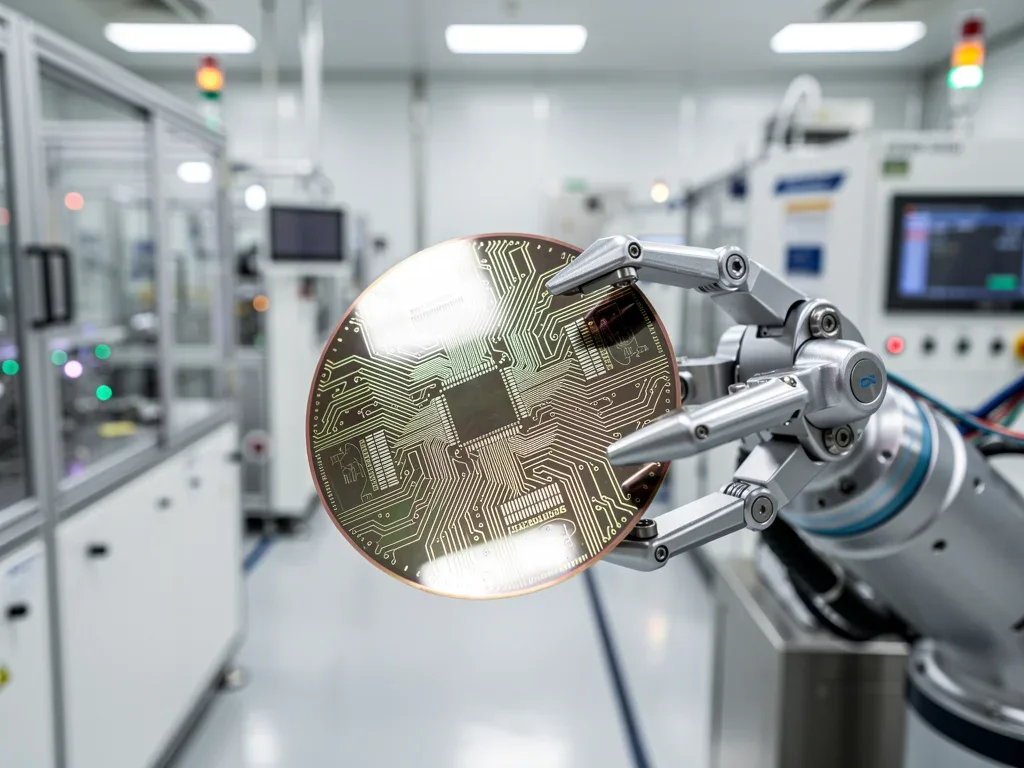Robotic arm meticulously handling a silicon wafer in a sterile cleanroom, demonstrating precision semiconductor manufacturing.