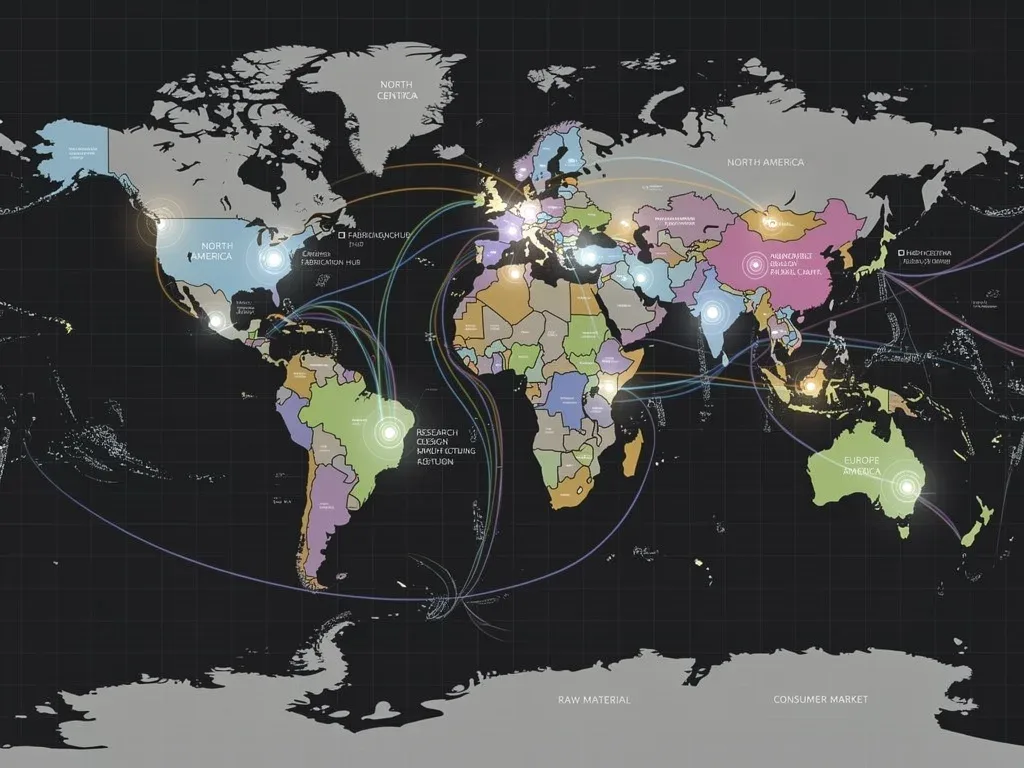 Global map illustrating semiconductor supply chain routes and manufacturing hubs, highlighting interconnectedness and potential vulnerabilities.