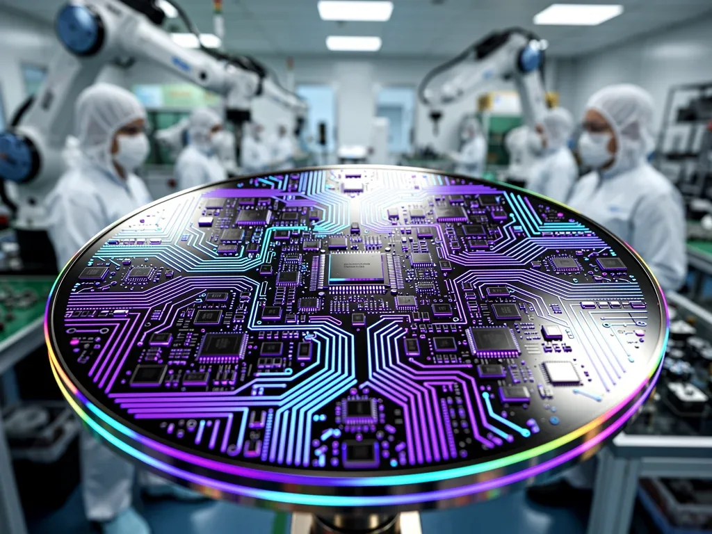 Advanced semiconductor wafer showcasing complex circuitry and glowing elements, representing the core of modern technology and manufacturing.