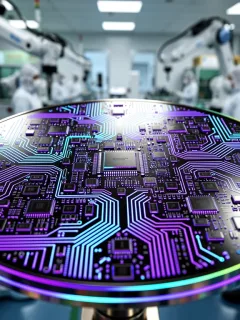 Advanced semiconductor wafer showcasing complex circuitry and glowing elements, representing the core of modern technology and manufacturing.