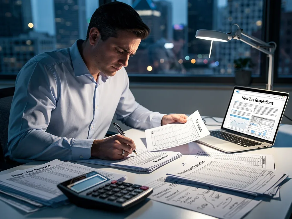 Person analyzing tax documents and investment statements for 2026 capital gains.