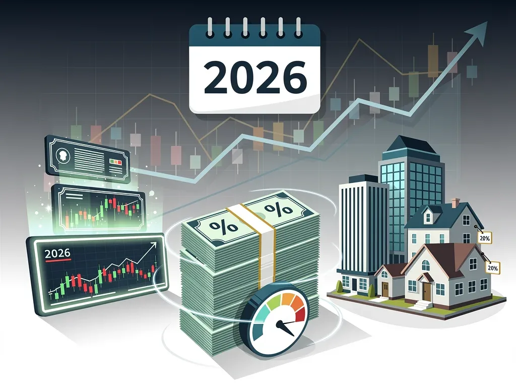 Financial assets impacted by 2026 capital gains tax adjustments, showing charts and calendar.