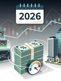 Financial assets impacted by 2026 capital gains tax adjustments, showing charts and calendar.