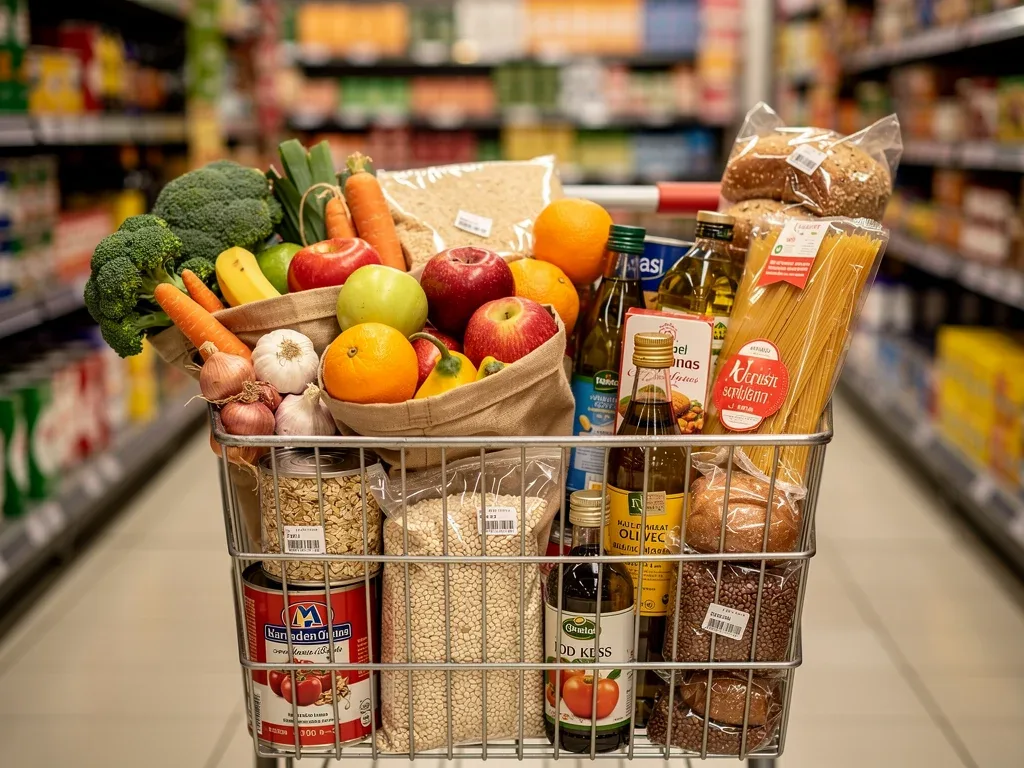 Grocery cart with budget-friendly food items