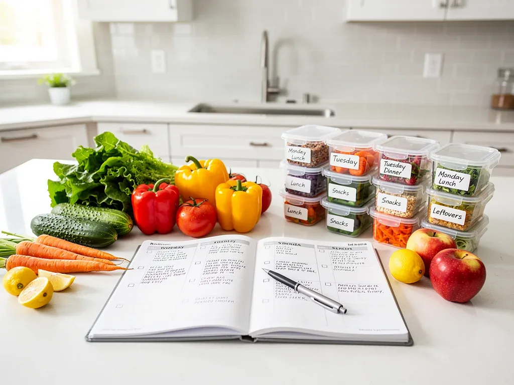 Organized kitchen with meal planner and fresh ingredients
