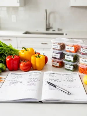 Organized kitchen with meal planner and fresh ingredients