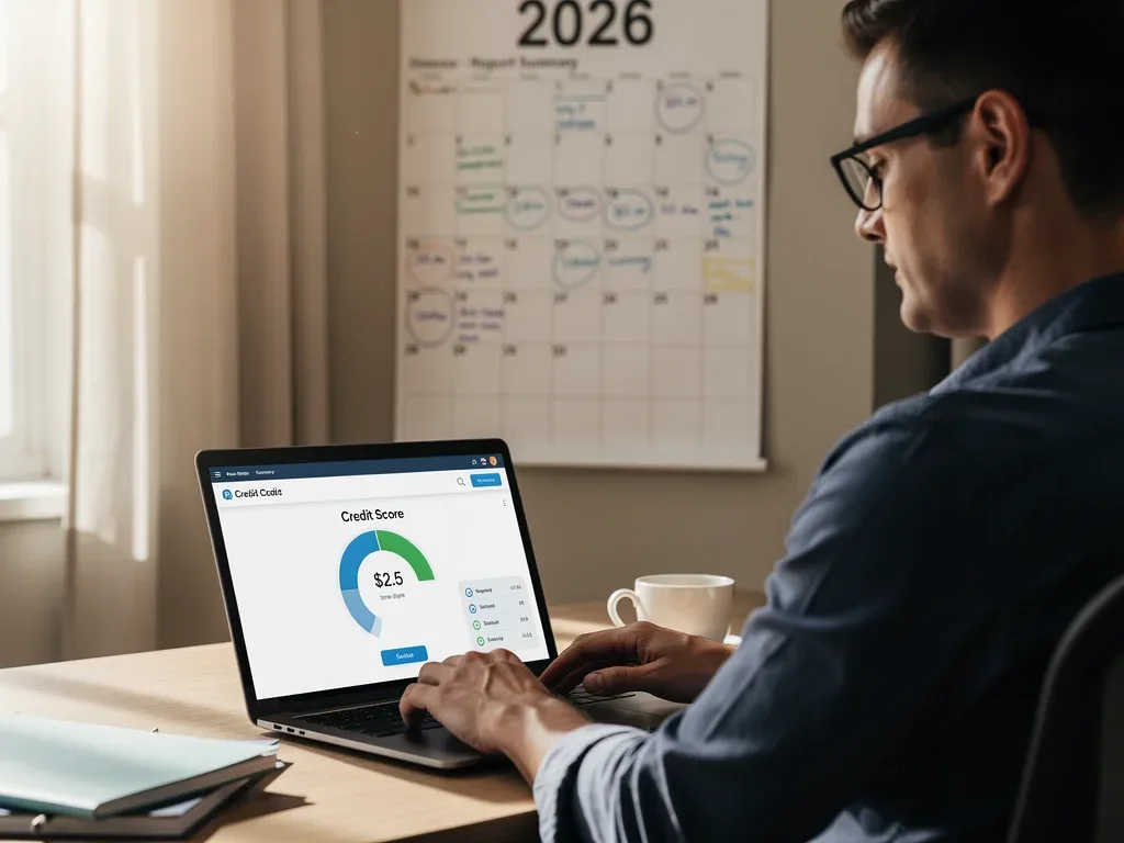 Person reviewing credit score on laptop with 2026 calendar