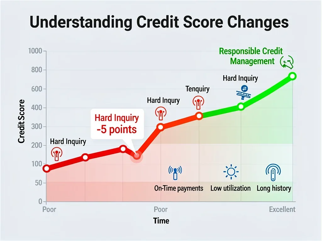 Credit score graph showing impact of hard inquiries