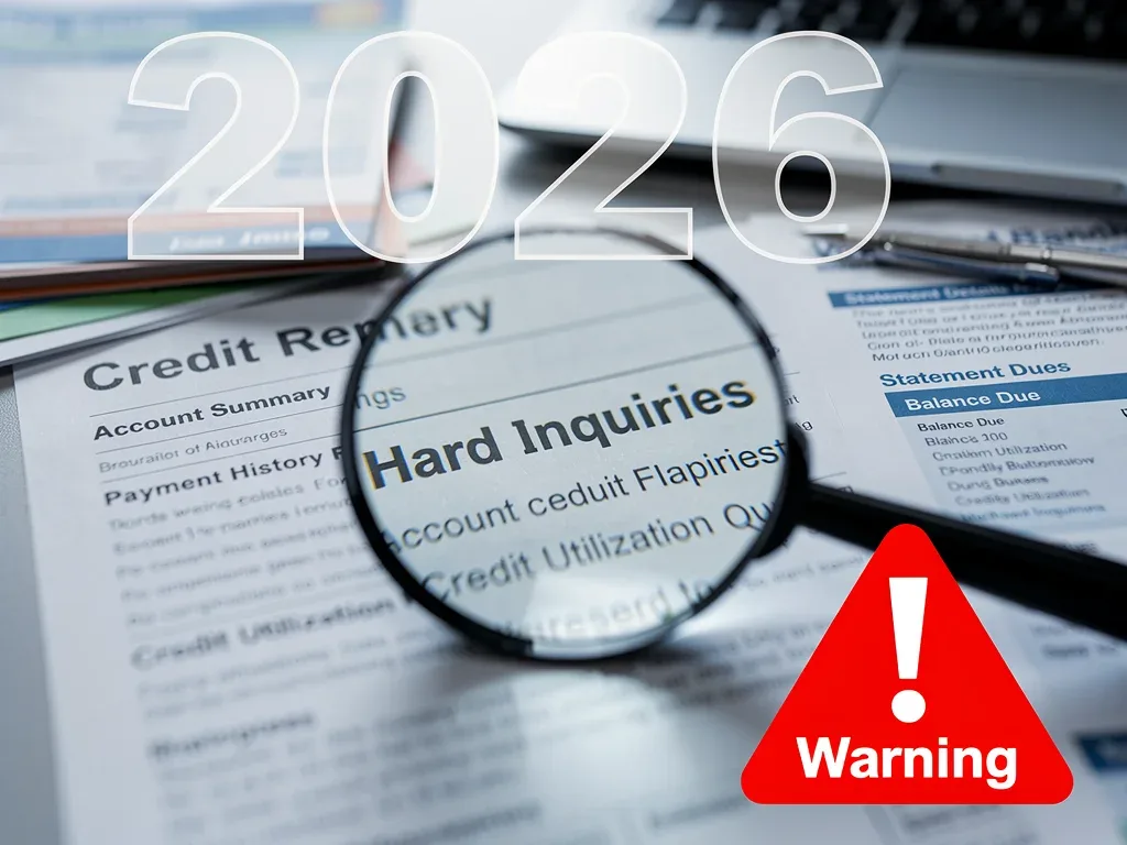 Credit report showing hard inquiries with a magnifying glass and 2026 overlay